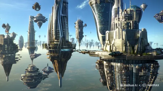 未来的城市，漂浮在空中，地面因为污染而不再适宜人类生存。一个一个大大小小的城市，底部安装了反重力系统漂浮在空中，有钱城市里的建筑光鲜亮丽，装甲优良，武器先进。没有钱的城市根本没有装甲，武器落后，城市的建筑也锈迹斑斑。[左移,上升] by Hailuo AI Video Generator
