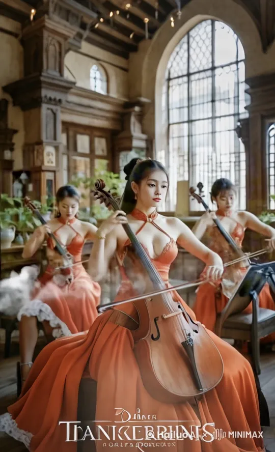 "巴洛克风格室内音乐会场景，三位优雅女性身着橙色丝绸礼服，专注演奏弦乐。中间女士深情演绎大提琴，两旁同伴协奏小提琴，音乐与情感交织，空气中弥漫着古典韵味。镜头从大提琴的弧线缓缓推进，仿佛魔法般，细腻小白花自大提琴边缘悄然绽放，沿琴身蔓延，直至将演奏者的秀发点缀成花环，犹如音乐之神的加冕。室内光影交错，窗外古典建筑映衬，构成一幅动人心魄的艺术画卷。中近景，跟随镜头的移动展现细节，营造梦幻般的视觉效果。" by Hailuo AI Video Generator