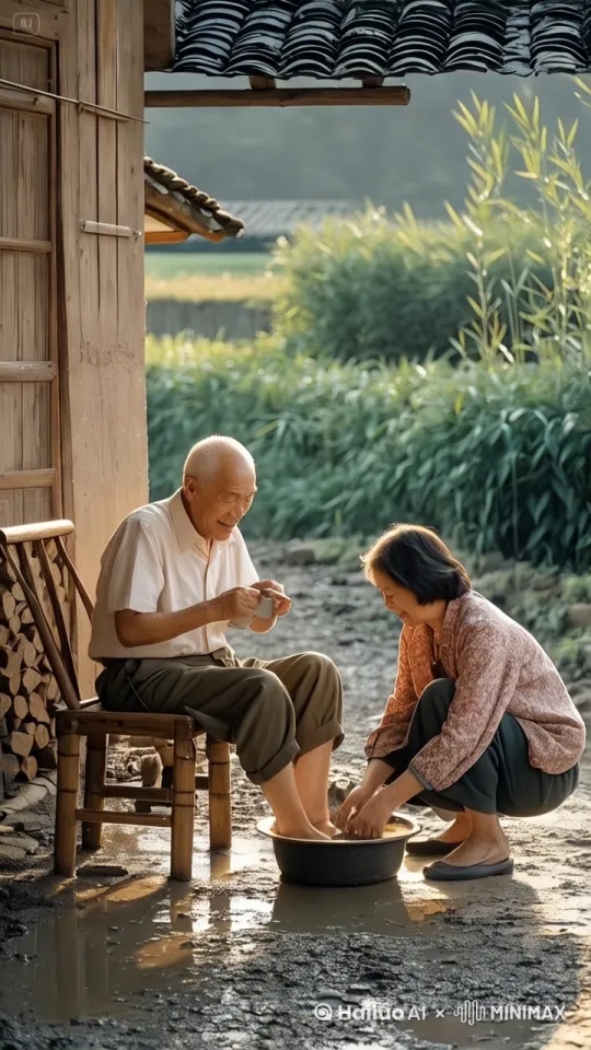 图中大妈左手猛地一抽盆，椅子瞬间爆炸，大爷脚踩空，瞬间来了个前空翻，脸朝地摔倒弄了一脸泥巴，大妈在一旁乐的哈哈笑 by Hailuo AI Video Generator