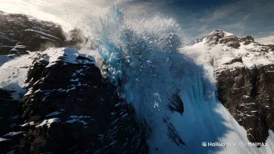模型提示词： dynamic avalanche simulation, ice debris flying, dramatic lighting contrast, cinematic disaster movie style 
运动参数： camera shake intensity: 80%, zoom blur: 30% by Hailuo AI Video Generator