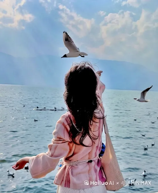 input_photo = "Girl_back_view@sunset_beach" 
dynamic_layer{
   water: 
      - wave_simulation(mode="realistic", 
        frequency=1.2Hz, 
        foam_generation=0.7, 
        caustics_refraction)
   
   sky:
      - dynamic_clouds(speed=0.8x, 
        volumetric_light_rays_angle=27°)
      - seagull_flock(
          path=bezier_curve[[120,430]->[950,120]], 
          wing_flap=3Hz, 
          specular_highlight=0.4)
   
   character: 
      - hair_simulation(
          wind_vector=[0.3,1.2], 
          secondary_motion=0.7)
      - cloth_flow(
          dress_ripple=True, 
          amplitude=0.15m)
}

camera_move{
   start: dolly_zoom_from_85mm_to_35mm,
   mid: crane_shot_upward(altitude+15m),
   end: rotating_arround_character(220°@6sec)
}

time_transition{
   day_to_dusk: 
      - temperature_shift(6500K->3800K),
      - exposure_ramp(-0.7EV),
      - starfield_gradual_appear(threshold=0.8)
}

post_effects{
   light_leak: 
      - orange_cyan_halation(strength=0.3),
   soundscape:
      - embed[wave_crash+seagull_cry] 
        @audio_channels=3D
} by Hailuo AI Video Generator