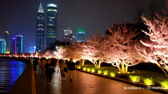 远景、沿江边休闲小路上人们在散步，小路右边到尽头都是樱花，樱花下有灯光照亮、远处CBD高楼把城市夜景点亮 by Hailuo AI Video Generator