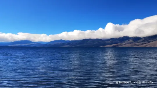 蓝色湖水随风飘荡，、远处山丘交织蓝天白云格外醒目，[右摇,变焦推进] by Hailuo AI Video Generator