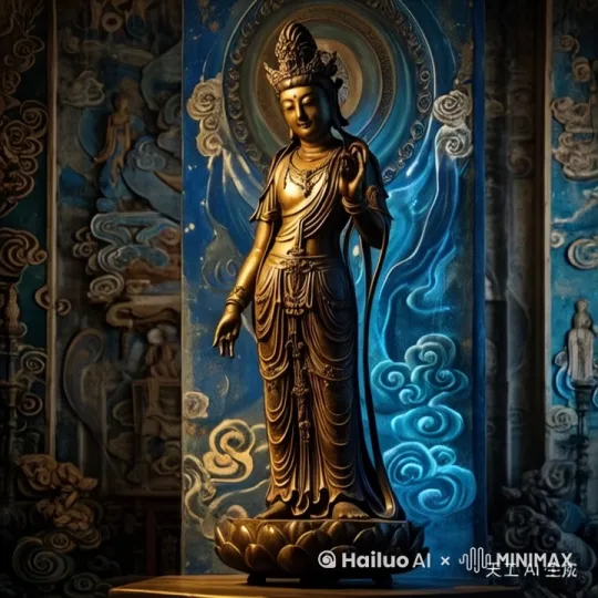云雾缭绕在菩萨身后升起彩烟，画面从左往右旋转[推进] by Hailuo AI Video Generator