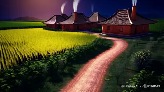 小时候农村夜里的景象，月光很亮，小路弯曲，小路两边是稻田，有泥巴瓦屋冒着炊烟 by Hailuo AI Video Generator