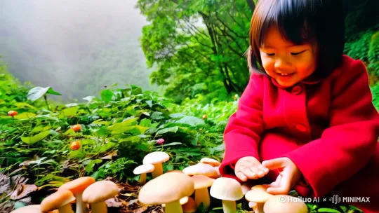 一个可爱的小女孩在山里采蘑菇 by Hailuo AI Video Generator