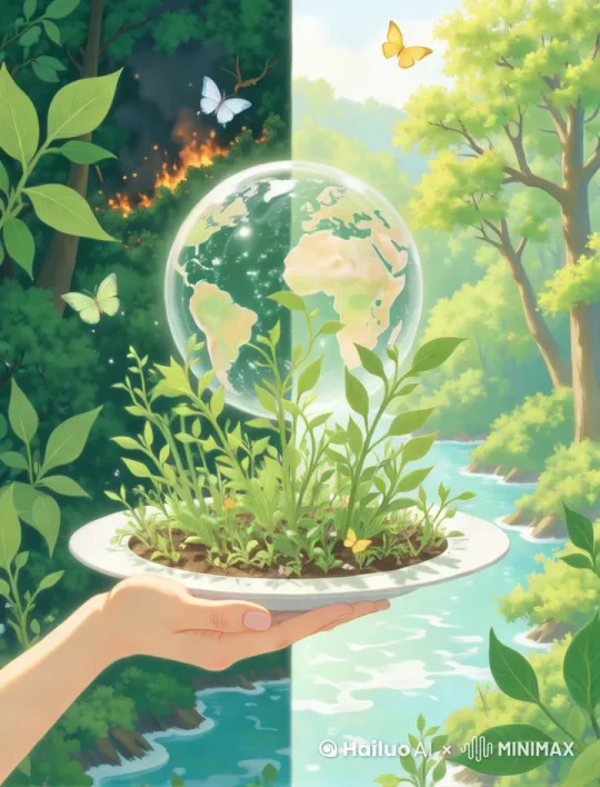 "A white ceramic plate with growing lush forest, vines slowly spreading around the edge, 
(left background: burning rainforest with rising smoke gradually turning into flying birds | right background: vibrant forest with flowing river and butterflies emerging), 
CO2 molecules floating into leaves and transforming into oxygen bubbles, 
green sprouts growing rapidly on melting glaciers, 
semi-transparent globe rotating above the plate with temperature gauge dropping from red to green, 
soft sunlight rays moving across the scene"[下降,上摇] by Hailuo AI Video Generator
