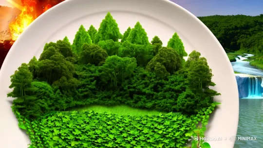 "A white ceramic plate with growing lush forest, vines slowly spreading around the edge, 
(left background: burning rainforest with rising smoke gradually turning into flying birds | right background: vibrant forest with flowing river and butterflies emerging), 
CO2 molecules floating into leaves and transforming into oxygen bubbles, 
green sprouts growing rapidly on melting glaciers, [推出,上升,下摇]
semi-transparent globe rotating above the plate with temperature gauge dropping from red to green, 
soft sunlight rays moving across the scene" by Hailuo AI Video Generator