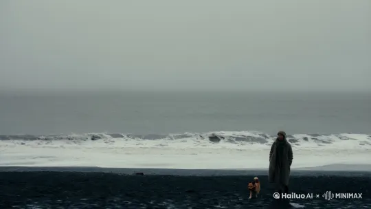 背景是灰蒙蒙的天气，一个人默默走在黑色海浪翻涌的沙滩上，这时从远处走来了一只棕黄色的小狗，他们错身而过 by Hailuo AI Video Generator