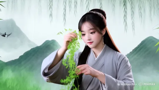 [正提示词]：Ancient Chinese ink painting style,3D rendering,柔光照射的春雨竹林，穿青衫的古代医师手持竹篮采摘香椿芽，竹笋破土粒子特效，前景嫩芽特写带露珠，中景水墨山峦雾气流动，背景飞燕穿梭竹叶间，青绿色主色调，景深层次5层，--ar 16:9 --v 5.2 --style scenic
[技术增强]：Zdepth通道，8K分辨率，水墨笔触厚度0.3mm，宣纸纹理叠加，动态粒子密度35%，风速参数0.5m/s  
[禁忌词]：anime,western architecture,photorealistic,flat design  
[视频化指令]：在RunwayML中使用「--zoom 1.05 --pan right」生成5秒镜头运动 by Hailuo AI Video Generator
