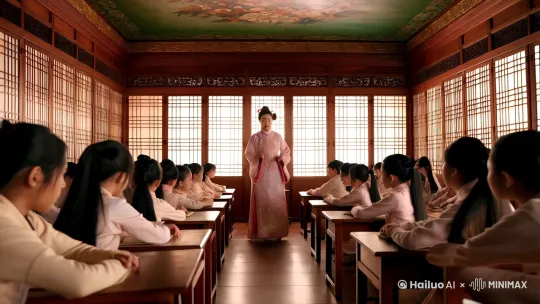 给我生成一个在教室里给同学们讲课的视频，主角用甄嬛传的古代人物，要有近景远景全景无人机室外运镜 by Hailuo AI Video Generator