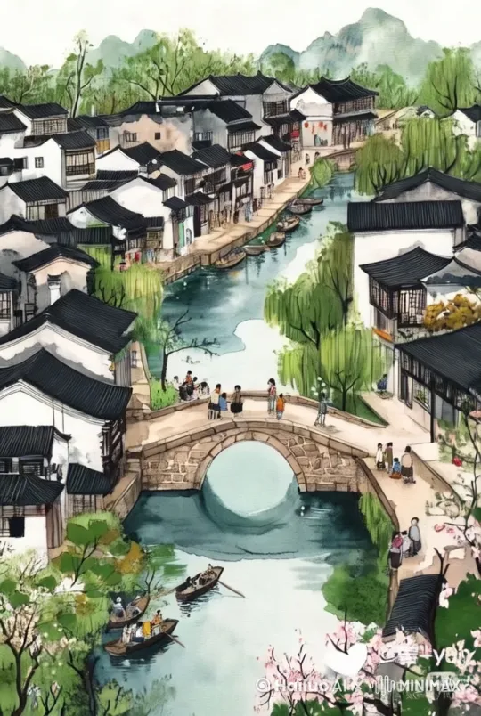 镜头随着河流的方向从下往上缓慢平移，画面下方的船缓慢向上方移动，桥上的人走动，桥上的人，有人在交谈，河两岸的人走动，远处的山上的雾在飘动。 by Hailuo AI Video Generator