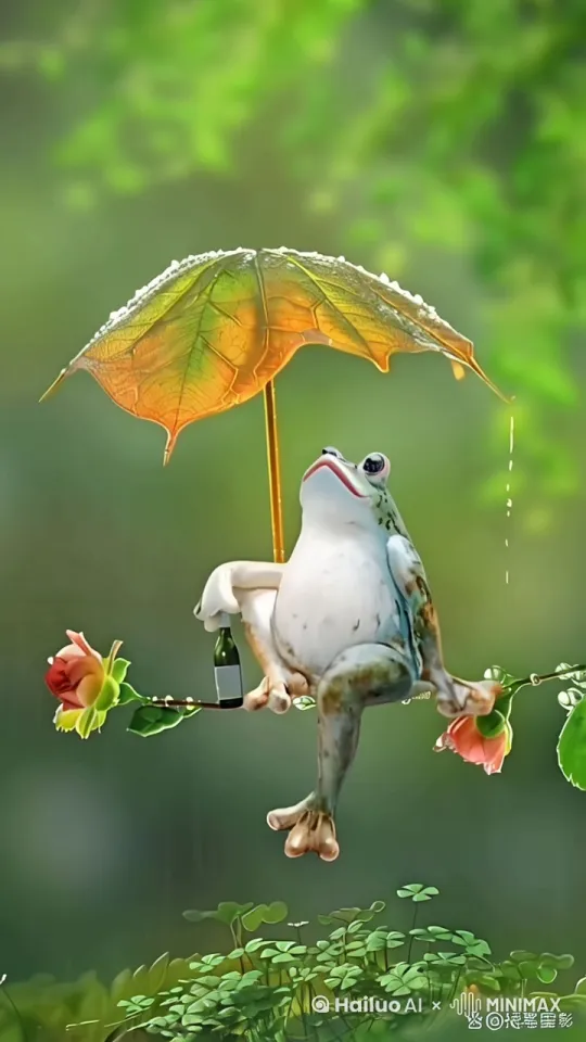 天空下着雨，一只大青蛙坐在摇晃的树枝上，晃动着一条腿，喝酒、唱歌赏月，一片树叶当做雨伞，为青蛙挡雨 by Hailuo AI Video Generator