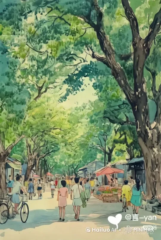 画面右边大树树干上的光斑在移动，树上的树叶随风摆动，画面左边的人由扶着自行车到骑上自行车消失在画面的中间尽头，画面中间的人来来往往，镜头缓慢向中间移动。 by Hailuo AI Video Generator
