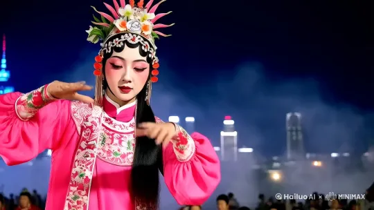 "中国传统戏曲风视频帧，一位身着粉色传统戏服的女子在夜幕下的城市天际线前，进行着京剧表演。女子头戴繁复华丽的凤冠，面绘精致的戏曲妆容，双眼灵动，顾盼之间尽显神韵。她双手轻柔地做着兰花指手势，姿态端庄而优雅，仿佛在诉说着古老的故事。周围是模糊的人群与建筑轮廓，灯光朦胧，营造出一种梦幻般的氛围。深蓝的夜空与远处闪烁的高楼形成鲜明对比，增添了几分现代感。近景特写，捕捉女子每一个生动的表情与细腻的动作，展现出传统艺术的魅力。" by Hailuo AI Video Generator