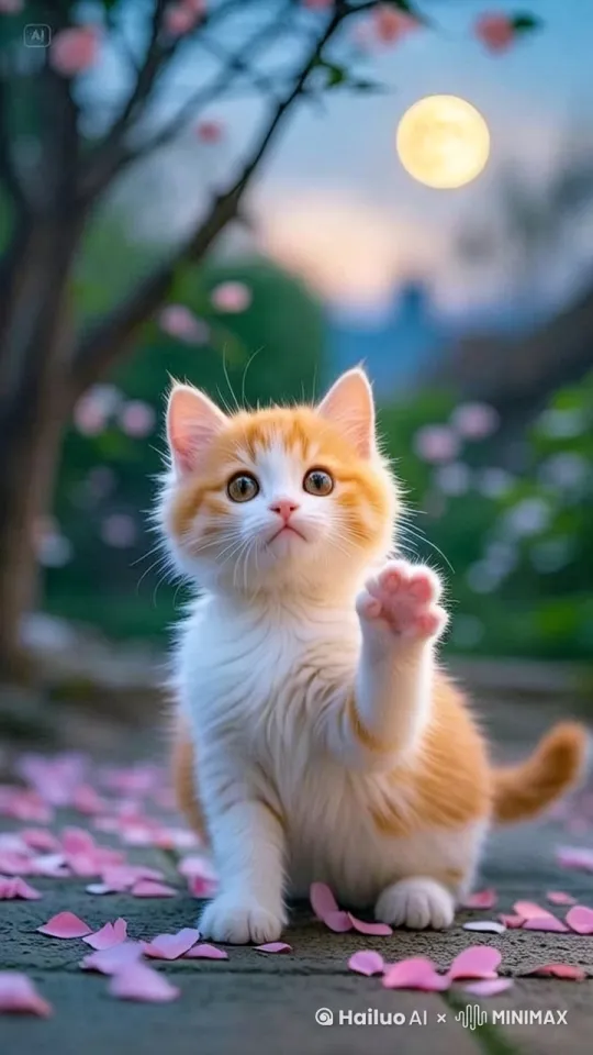 桃花飘落，小猫用爪子想要抓住花瓣， by Hailuo AI Video Generator