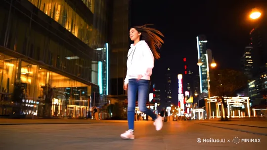 -----
[镜头1：中景跟拍]
"现代都市街道，霓虹广告牌闪烁，镜头跟随穿白色卫衣+牛仔裤的女生（20-25岁）向前行走，手持稳定器横向跟拍，禁止出现卡顿或虚焦"

[镜头2：转身动作]
"女生突然停步转身（头发扬起动态），镜头以25度俯角顺时针旋转180度，背景保持虚化的玻璃幕墙，禁止出现古风建筑元素"

[运镜衔接]
"在转身动作完成90度时，镜头急停，触发服饰转换特效——汉服渐变需满足：1. 粒子光效从腰间扩散 2. 襦裙纹理由数码像素重组 3. 披帛采用流体模拟，禁止低多边形建模"

[镜头3：特写展示]
"推镜至半身特写（焦距85mm），展示完成变装的齐胸襦裙细节：渐变天青色真丝面料，刺绣金线凤凰纹样，禁止出现塑料质感或过度饱和色彩"

[镜头4：环境互动]
"镜头拉远至全景（俯角30度），变装后衣袂被都市气流吹动，现代广告光效与汉服形成红蓝撞色，禁止出现穿模或布料物理异常"

[全局参数]
帧率：60fps动态模糊
分辨率：4K HDR
风格：赛博国风混合（权重比7:3）
禁止项：水墨晕染/仙侠滤镜/日式纹样/面部畸变
-----

关键运镜控制：
1. 横向移动转旋转镜头的速度曲线：缓入急停（easeInCubic）
2. 变装瞬间添加0.3秒子弹时间效果
3. 全景镜头使用dolly zoom强化空间压缩感 by Hailuo AI Video Generator