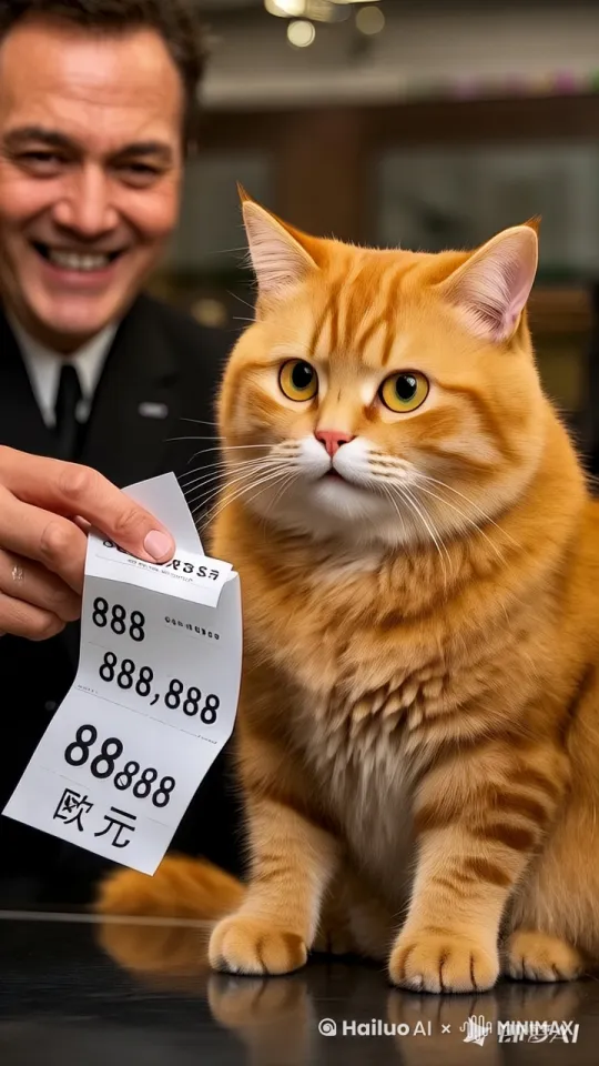 环境：店员微笑着递上账单，账单金额赫然写着：“888,888,888欧元”。
🎬 动作：猫咪瞳孔地震，耳朵瞬间炸毛，嘴角抽搐，整只猫呆住，后背直冒冷汗！
📷 可灵运镜：
	•	慢推镜头（从账单到猫咪脸上，增强紧张感）
	•	背景虚化（让猫咪的表情更夸张）
🖼 既梦 AI 提示词：超高清珠宝店，150斤胖橘猫，看到账单金额888,888,888欧元，瞳孔震颤，嘴角抽搐，表情惊恐，浮夸搞笑，高质量。 by Hailuo AI Video Generator