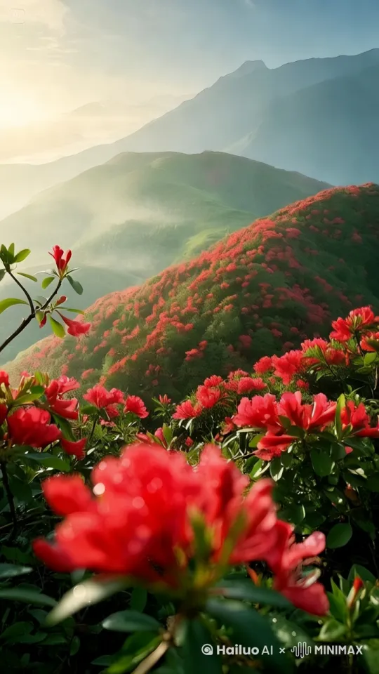 漫山遍野的映山红，[左移，右摇]。 by Hailuo AI Video Generator