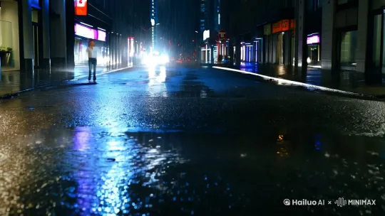 雨中.深夜的都市街头,雨水倒影着霓虹灯的影子,时不时有零星的出租车驶过,[推出,上升,下摇]一个穿着白衬衣牛仔库的潇洒男子孤独的走着,镜头平稳的跟随拍摄[右移,左摇,跟随]. by Hailuo AI Video Generator