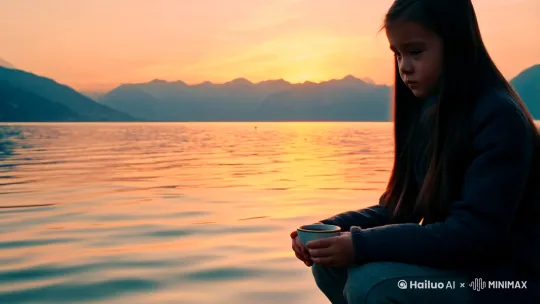 一个伤感的女孩子在洱海边喝着咖啡，欣赏着海上风景 by Hailuo AI Video Generator