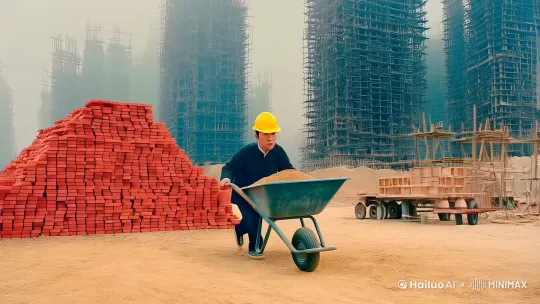 远镜头,动画片《哪吒之魔童闹海2》中的申公豹形象。申公豹头戴黄色安全帽,正推着一辆装满沙子的工具手推车往前走。他的左侧有一堆红砖,背后是建设中的高楼。申公豹脸上表情坚定,双手紧握着手推车缓缓向前走。8K高清,大片效果。 by Hailuo AI Video Generator