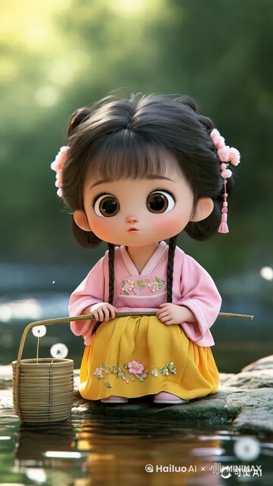 **动态关键词**  
`[镜头缓慢推进] 小女孩肉手笨拙甩竿，竹竿尖轻颤带残影，水面倒影碎成星光，蒲公英绒毛顺时针飘落，腮帮随呼吸鼓动，鱼篓底部泥点滑落形成蜗牛轨迹，发丝每秒3次自然飘动`

**特效指令**  
`动态模糊强度0.3+水彩边缘扩散+鱼线微光呼吸效果` by Hailuo AI Video Generator