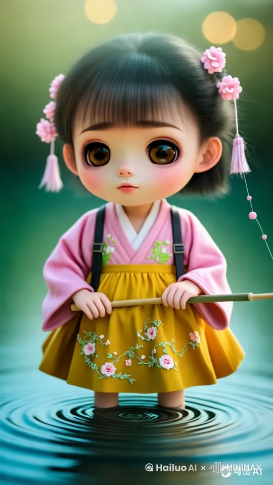 **动态关键词**  
`[微距抖动] 瞳孔倒影鱼群漩涡式游动，鱼竿弯曲度每秒增加5%，裙摆飘起露出鞋面云纹流光，悬浮水珠折射彩虹光斑，背景丁达尔光束粒子浮动`

**技术参数**  
`粒子密度200/px²+折射率IOR 1.33+流体模拟精度8级` by Hailuo AI Video Generator