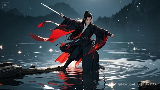 人物在水里舞剑，雷电特效环绕剑身，剑气迸发引起湖水爆炸 by Hailuo AI Video Generator