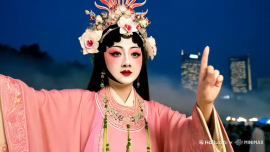 "中国传统戏曲风视频帧，一位身着粉色传统戏服的女子在夜幕下的城市天际线前，进行着京剧表演。女子头戴繁复华丽的凤冠，面绘精致的戏曲妆容，双眼灵动，顾盼之间尽显神韵。她双手轻柔地做着兰花指手势，姿态端庄而优雅，仿佛在诉说着古老的故事。周围是模糊的人群与建筑轮廓，灯光朦胧，营造出一种梦幻般的氛围。深蓝的夜空与远处闪烁的高楼形成鲜明对比，增添了几分现代感。近景特写，捕捉女子每一个生动的表情与细腻的动作，展现出传统艺术的魅力。" by Hailuo AI Video Generator