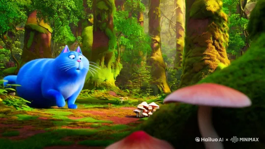 一个非常非常胖的蓝色猫在森林里拿着蘑菇玩耍 by Hailuo AI Video Generator