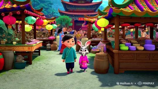 场景2：庙会

角色：小龙和小兔子
动作：他们在庙会上逛着，欣赏着各种摊位和表演。
音效：背景音乐是欢快的民乐，夹杂着鞭炮声和人们的欢笑声。 by Hailuo AI Video Generator