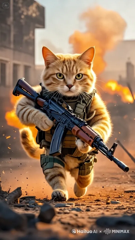小猫快速地奔跑，后面的火焰跟着爆炸起来 by Hailuo AI Video Generator