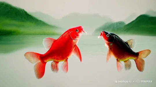 [右移,左摇,跟随]一条红色鲤鱼和一条黑色鲤鱼形成双鱼图，鱼有朦胧的水墨丹青周围是青绿的山水，鱼体透明发光， by Hailuo AI Video Generator