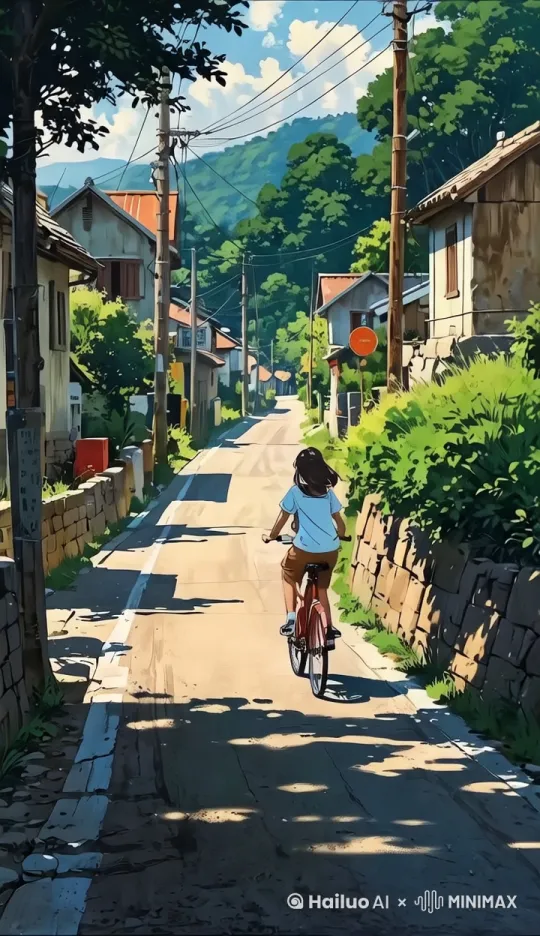 第一人称视角随小女孩，小女孩骑着自行车，向远处的山林方向飞快骑去，弯曲的路骑起来还左右摇摆[跟随,上升,变焦推进] by Hailuo AI Video Generator
