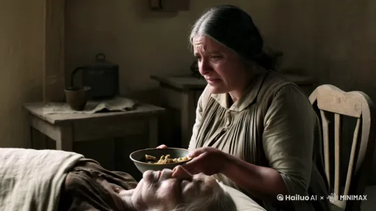一位中年妇女，着装朴素，一脸愁容，坐在卧床不起的母亲旁边，端着碗喂母亲吃饭，母亲却久久无法张嘴[左移,推进,右摇] by Hailuo AI Video Generator