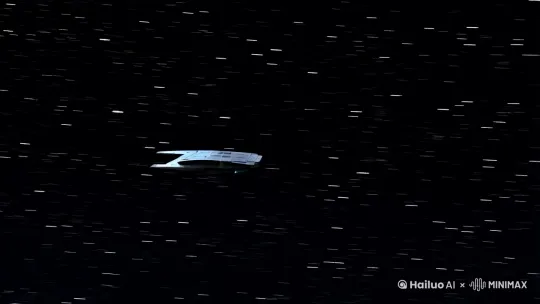 一收一艘星际战舰独自在星空中航行。[左移,上升] by Hailuo AI Video Generator