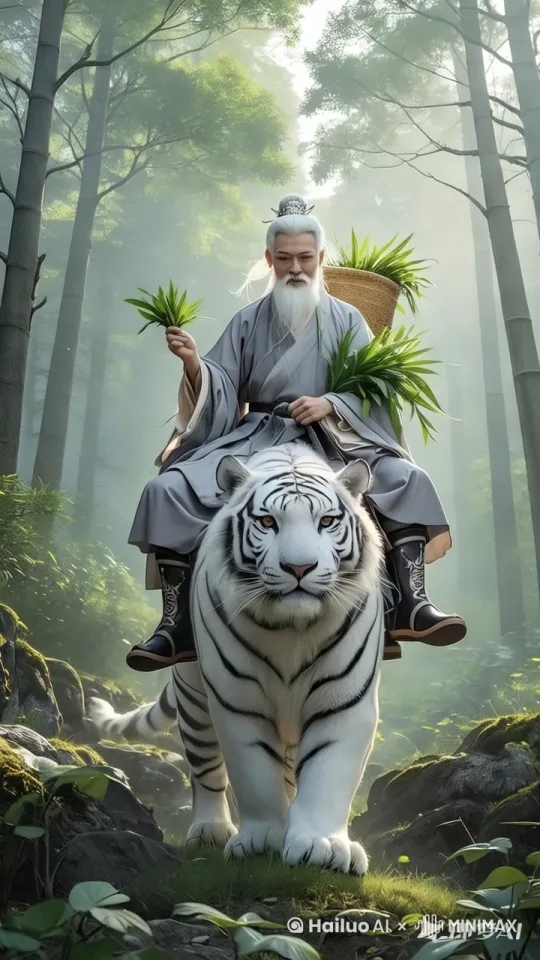 2. 场景元素：茂密竹林、阳光穿透树林、林间薄雾、苔藓覆盖的石头、繁茂绿植
 
3. 动作神态：手持药草观察、稳坐虎背、白虎行走步伐
 
4. 氛围基调：仙侠玄幻、宁静神秘 by Hailuo AI Video Generator