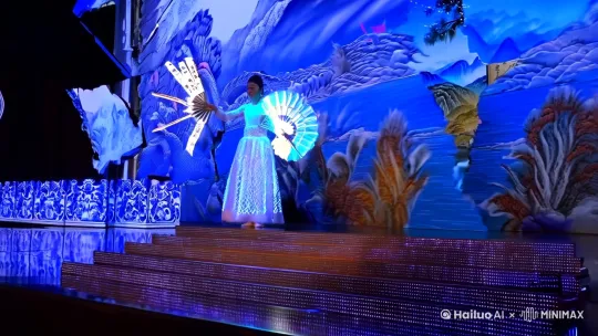 **【世界观设定】**
数字敦煌壁画次元裂开，霓虹朱雀衔着发光的《洛神赋》竹简掠过，展开「赛博山海经」画卷

**【核心视觉链】**
1. **破次元出场**：青花瓷纹样在LED地屏解构重组，舞者从全息水墨中凝结成型
2. **动态服饰系统**：
   - 肩部：智能纱料实时投影《千里江山图》局部
   - 腰封：3D打印的螭龙纹在动作时展开光学鳞片
   - 裙摆：石墨烯材料随体温显现经脉状流光
3. **武器化道具**：
   - 折扇开合触发粒子风暴，扇骨浮现动态星宿图
   - 缎带舞动留下甲骨文残影，组成当期热点诗词

**【动作记忆点】**
- 0:03 倒悬回眸：吊威亚180度翻转，发簪甩出数据流形成古琴弦
- 0:07 量子水袖：双臂抖动时衣袖离散为像素方块，重组为凤凰轮廓
- 0:15 重力虹吸：后仰下腰瞬间，地面樱花违反物理规律向上飘升
- 0:22 时空叠影：三个平行时空的舞者同时完成敦煌三道弯体态

**【黑科技配置】**
1. 肌肉感应器：舞者核心发力时，背景建筑自动生长榫卯结构
2. 气味同步系统：当视频播放到莲花手势时，云端释放定制檀香
3. 脑电波交互：观众眨眼频率控制画面中墨迹晕染速度

**【多模态高潮】**
- 视觉：舞者定格飞天姿态，衣裳纹样飞出成为抖音特效素材
- 听觉：箜篌音色经AI解构为蒸汽波旋律，突然插入ASMR级衣料摩擦声
- 触觉：通过短视频震动模式传递编钟频率的触感节奏

**【传播钩子设计】**
1. 结尾彩蛋：舞者化作二维码，扫描可获取专属汉服AI滤镜
2. 挑战机制：模仿视频中「量子水袖」动作可解锁隐藏文化解说
3. 跨次元互动：使用该BGM拍摄时，智能识别环境自动生成对应朝代特效 by Hailuo AI Video Generator