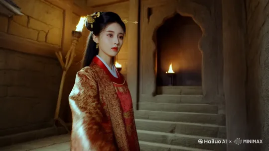 明代公主伸出手，触碰神秘的开关，背景是昏暗的明代古堡，镜头从下向上缓缓推进，突出纤纤玉手。 by Hailuo AI Video Generator