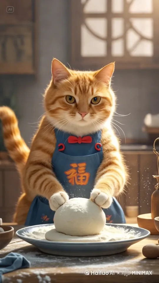 橘猫肉垫使劲揉着面团，面团在它爪下左扭右扭变形还到圆形，固定镜头 by Hailuo AI Video Generator