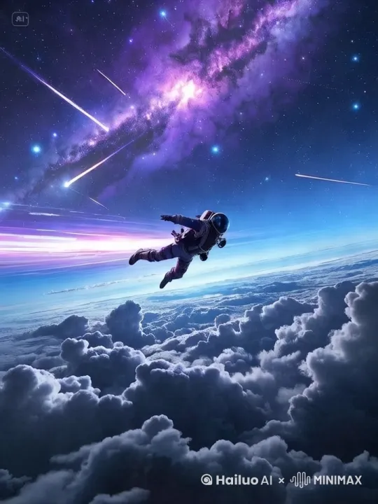 人物快速向前飞行，云海快速向后退去，闪烁繁星、银河、偶尔流星划过，远处有隐约星云。 by Hailuo AI Video Generator