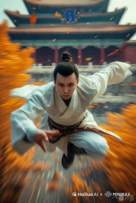 固定镜头，无人机视角，背景高速运动动态模糊，一个高速移动的画面，画面中央是穿着汉服的侠客向前凌空高速飞行，动态壁纸效果，体现出侠客向前飞行速度与冲击力[固定镜头] by Hailuo AI Video Generator
