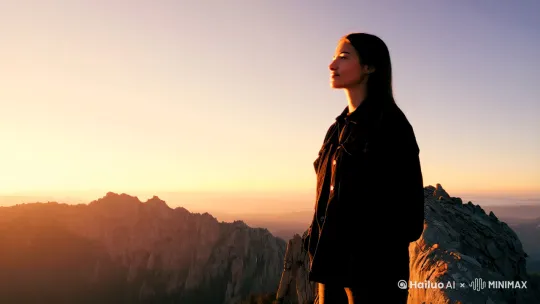 一个人站在一座山，看对面日照金山 by Hailuo AI Video Generator