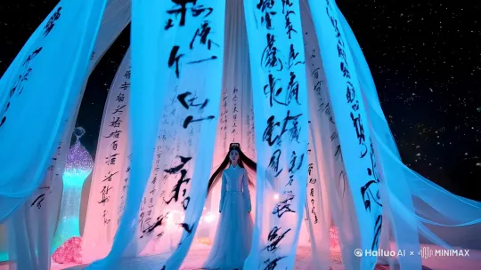 浅蓝色纱幔，写满毛笔字，写满毛笔字。毛笔字，报纸，满屏书法字，神秘氛围，巨大的纱幔飞舞飘逸（推进），纱幔写满书法字，所有的纱幔都在飘动，纱幔下面有一位身着古装的长发女生，发丝随风飘动（固定），立体感，强烈的立体感，浅粉色，渐变，梦幻，意境。浪漫。飘逸，生物学发光体，仰视，浪漫古风。星汉灿烂，新工笔，宏大场面，震撼感，立体，3D。 by Hailuo AI Video Generator