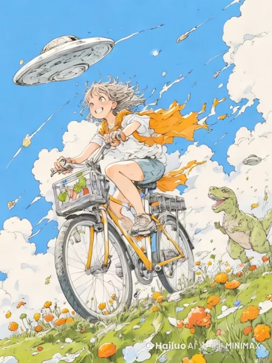 画面中的女孩是一个小小冒险家，正在进行一场刺激而又奇妙的冒险。她身上绑着一条色彩鲜艳的被单，在身后飘扬，就像一个超级英雄的披风。被单的材质轻薄，随风舞动，女孩骑着自行车，它的轮子快速转动，发出轻微的“咔哒”声，自行车的篮子里可能还装着一些宝贝，比如几块心爱的石头或是自制的小旗子。女孩正冲下一个长满花的山坡，山坡上开满了五颜六色的花朵，有的可能是野菊花、蒲公英或是色彩斑斓的野花。女孩的身后，有一只大胖嘟嘟的恐龙在追着。天空中，外星飞碟静静地悬浮着，它们的金属表面在阳光下闪闪发光。飞碟的周围是几颗划过天际的流星，它们拖着长长的尾巴。偶尔，一块陨石从天而降，它在空中燃烧着，发出耀眼的光芒，然后消失在地平线上。[右移,左摇,跟随] by Hailuo AI Video Generator