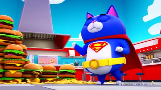 主题：胖橘猫汉堡大作战
风格：3D卡通渲染/Pixar风/高饱和度
调性：荒诞喜剧+物理引擎失控式幽默

角色设定：
1. 主角：15公斤篮猫（穿超人披风+薯条腰带）圆肚皮弹性十足，尾巴绑着番茄酱喷射器
2. 反派：机械麦当劳叔叔（油头滑倒/炸鸡腿飞弹/芝士陷阱）

关键场景：
[餐厅突袭] 猫爪掀翻汉堡山→薯条机关枪扫射→奶昔洪流中冲浪
[厨房大战] 肉饼飞盘攻击→生菜龙卷风→被吸进可乐漩涡
[屋顶决战] 猫毛变汉堡雨→用巨无霸当盾牌→用吸管发射酸黄瓜导弹

特效需求：
• 动态物理碰撞（汉堡弹跳/薯条满天飞）
• 慢动作猫毛炸起+瞳孔地震
• 所有爆炸都变成爆米花烟花

音效提示：
汉堡挤压声+猫呼噜引擎声+薯条嗖嗖声+夸张的喵呜战吼 by Hailuo AI Video Generator