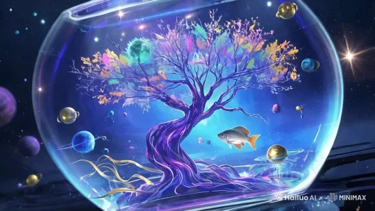量子柳树扎根在巨大的透明鱼缸中央，鱼缸内部流动着蓝紫色的量子能量，如银河般闪烁微光，缓缓流淌。树干晶莹剔透，内部数据流脉动如光之脉络，彩虹色的树叶随量子水波轻轻摇曳，反射出不断变化的未来代码。叶片飘落时不会消失，而是缓慢凝聚成新的行星，环绕柳树旋转，最终形成一个微型星系。一条量子鱼在水中游弋，它的鳞片映射着无数交错的时间线，不仅观察着世界，还能与旅人交流。旅人透过鱼的眼睛，看见时间的交错和未来的可能性，宇宙的命运在光影变幻中浮现。量子鱼轻轻摆尾，水波荡漾，折射出流动的过去与未来，时间在波纹中交织变幻。鱼缸底部的根须与微型量子反应堆交织，每一次脉动都激起金色的波纹，扭曲光影，影响现实。鱼缸外的世界漂浮在无尽的宇宙之中，星云缓缓流转，远处可见融合文艺复兴雕刻与悬浮科技的未来都市，散发微光。观察者——或是一位实验者，或是一名宇宙旅人——静静注视着这一切，他们的情绪影响着鱼缸内的时间流动，当他们焦虑或混乱时，量子水流加快，星系旋转不稳定，未来画面变得破碎与扭曲；当他们内心平静时，水流缓缓流淌，星系和谐生长，时空稳定柔和。八颗微缩行星如萤火虫般环绕量子柳树，在光辉的漩涡中缓缓旋转，与水流共鸣，柳树的根须向深处延展，连接未知的维度，似乎触及更遥远的宇宙奥秘。在柳树的顶端，一座永恒灯塔静静伫立，释放跨维度的光辉，为时空中的迷失者指引方向。整个鱼缸不再是单纯的容器，而是一方孕育宇宙的微型世界，在过去、未来与无数可能性之间悄然变化。[左移,推进,右摇][左移,右摇,跟随] by Hailuo AI Video Generator