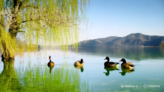 浅绿色的湖水，湖水的左边有一颗长着嫩芽的杨柳树，湖水倒映着柳枝，一只雄鸳鸯和一只雌鸳鸯带着3只小鸳鸯从湖水的右边向左前方游来，忽然最前的那只鸳鸯开始拍打翅膀飞离水面，蓝色的天空中一片白云从左漂过来，湖水的远处是连绵的小山，小山上有一座古塔[左移,右摇,跟随] by Hailuo AI Video Generator
