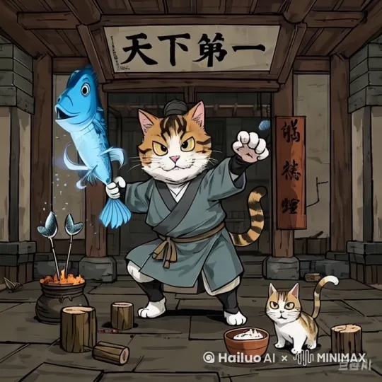 "动图比例16:9 时长7秒  
主体：三花猫师父教功夫  
◆ 关键帧控制：  
   ▷ 0-2s：咸鱼剑法起手式(剑指误差<2°)  
   ▷ 2-5s：醉拳猫步(轨迹文件@drunken_path_01)  
   ▷ 5-7s：突然滑倒(臀部着地坐标锁定)  
◆ 海螺增强：  
--style_preset=kungfu_cat  
--motion_curve=0.2,0.8,0.4 (缓入缓出)  
--env_response 地面水渍反光同步" by Hailuo AI Video Generator